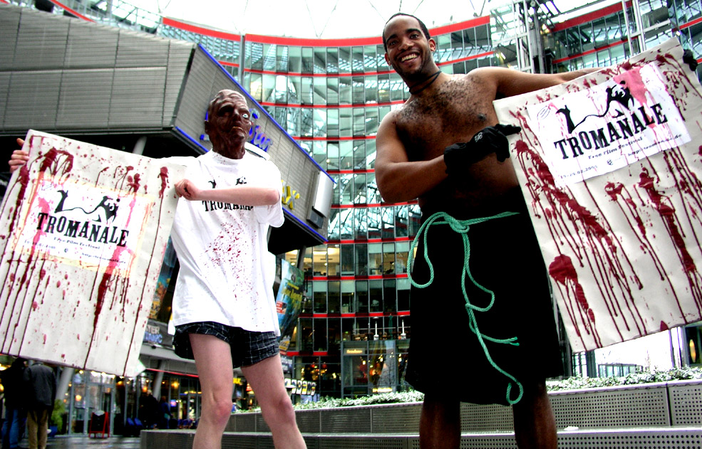 two tromanale freaks in front of the sony center